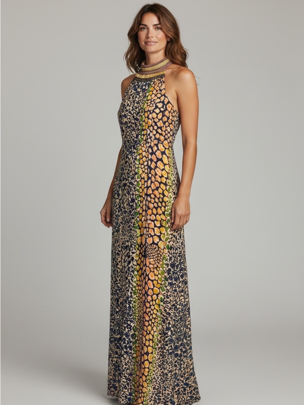 Sleeveless High-Neck Animal Print Maxi Dress in Multi-Color
